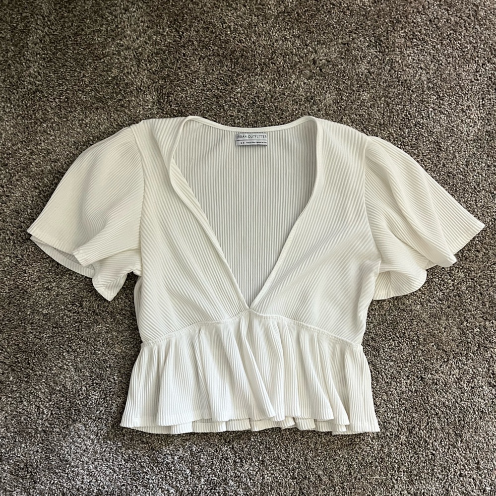 Urban Outfitters Cream Ribbed Cropped Peplum Top Blouse